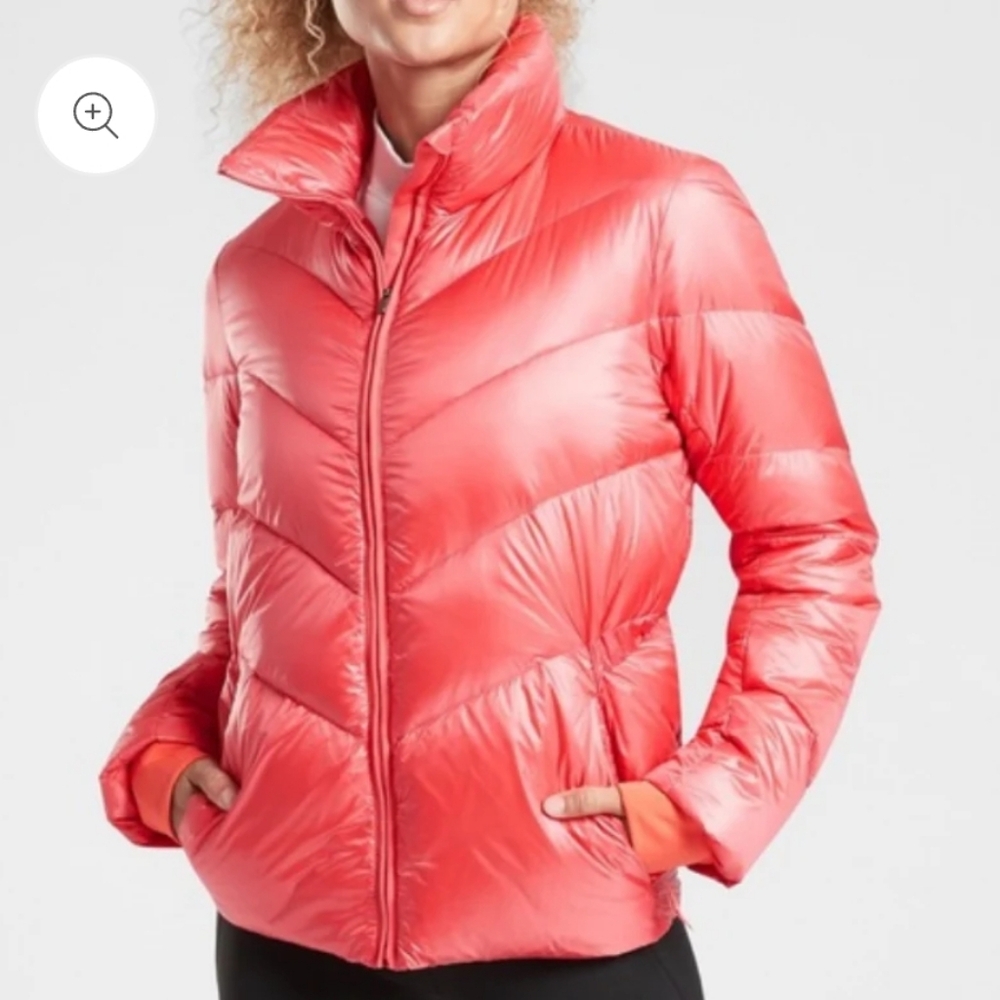Athleta 90% Goose Down Puffer Jacket Size S Bright Pink Cinch Waist Chevron
